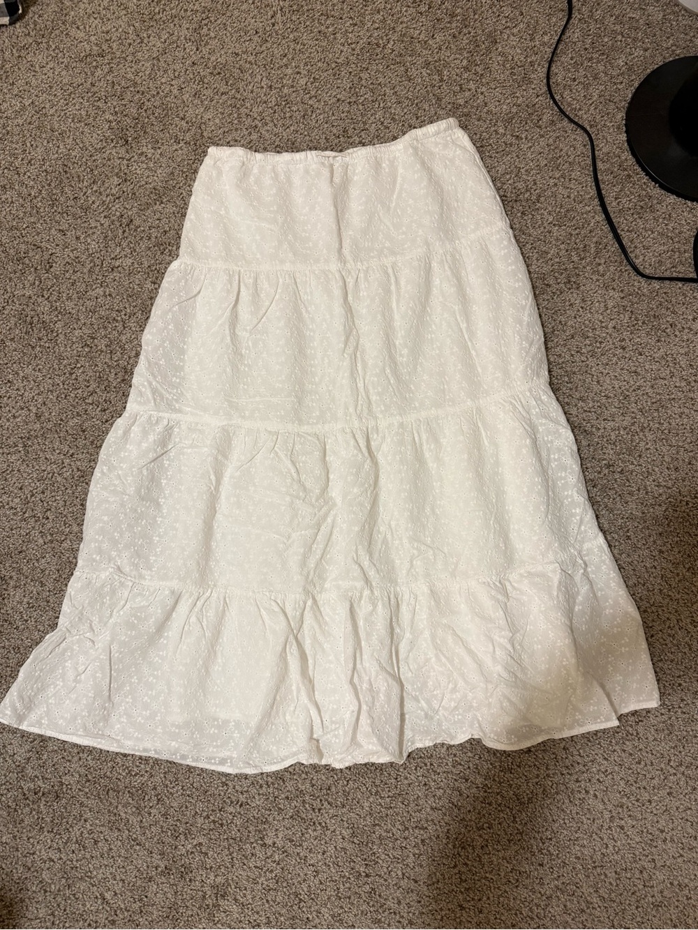 White Tiered Eyelet Midi Skirt